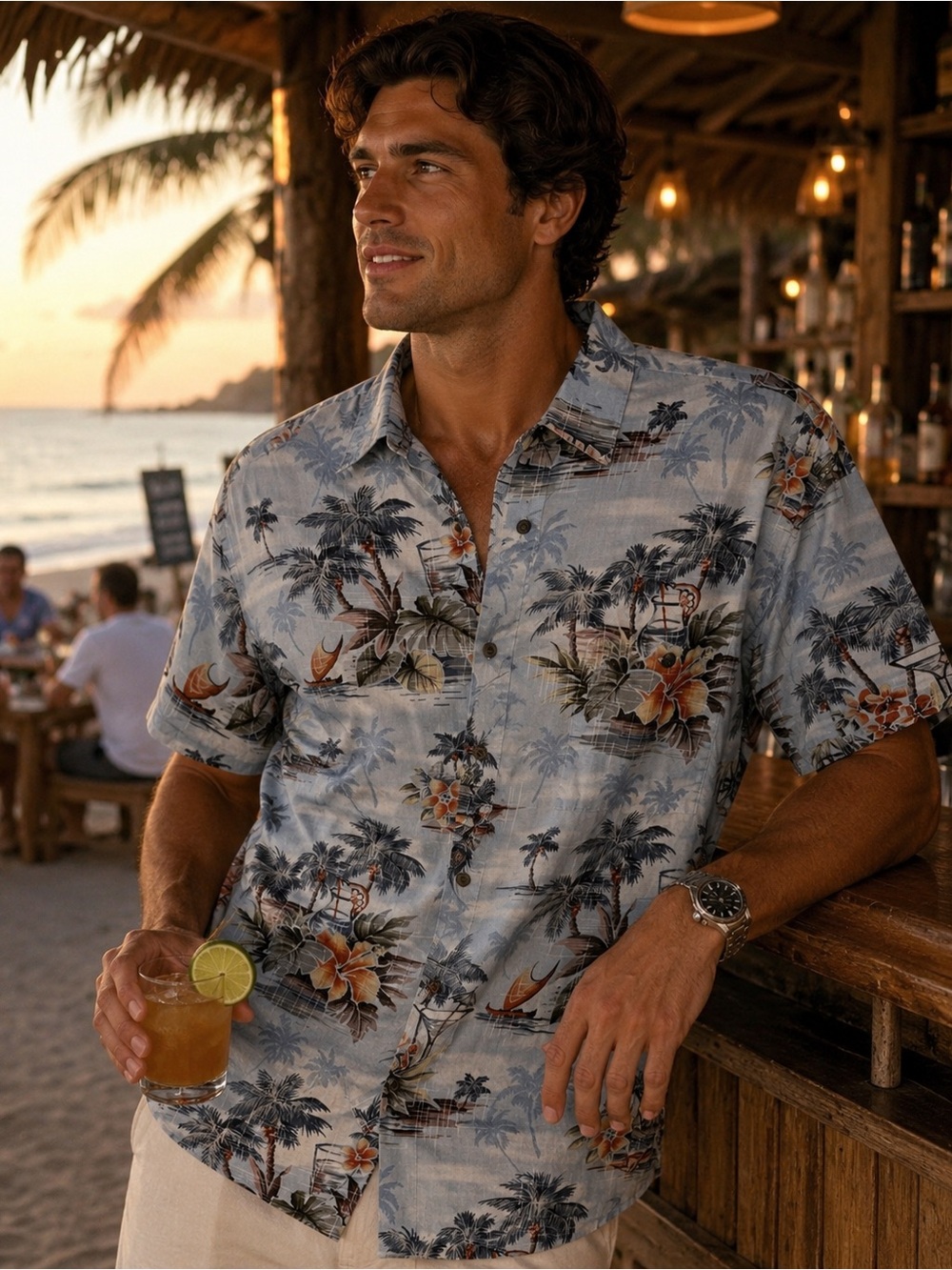 Men's Light Blue Tropical Print Short-Sleeve Button-Down Shirt